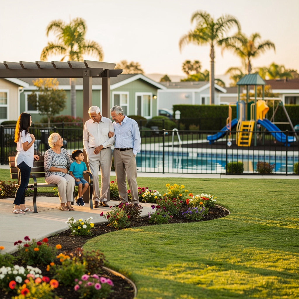 Los Amigos Mobile Home Estates community amenities including a playground and green space for residents in Santa Barbara